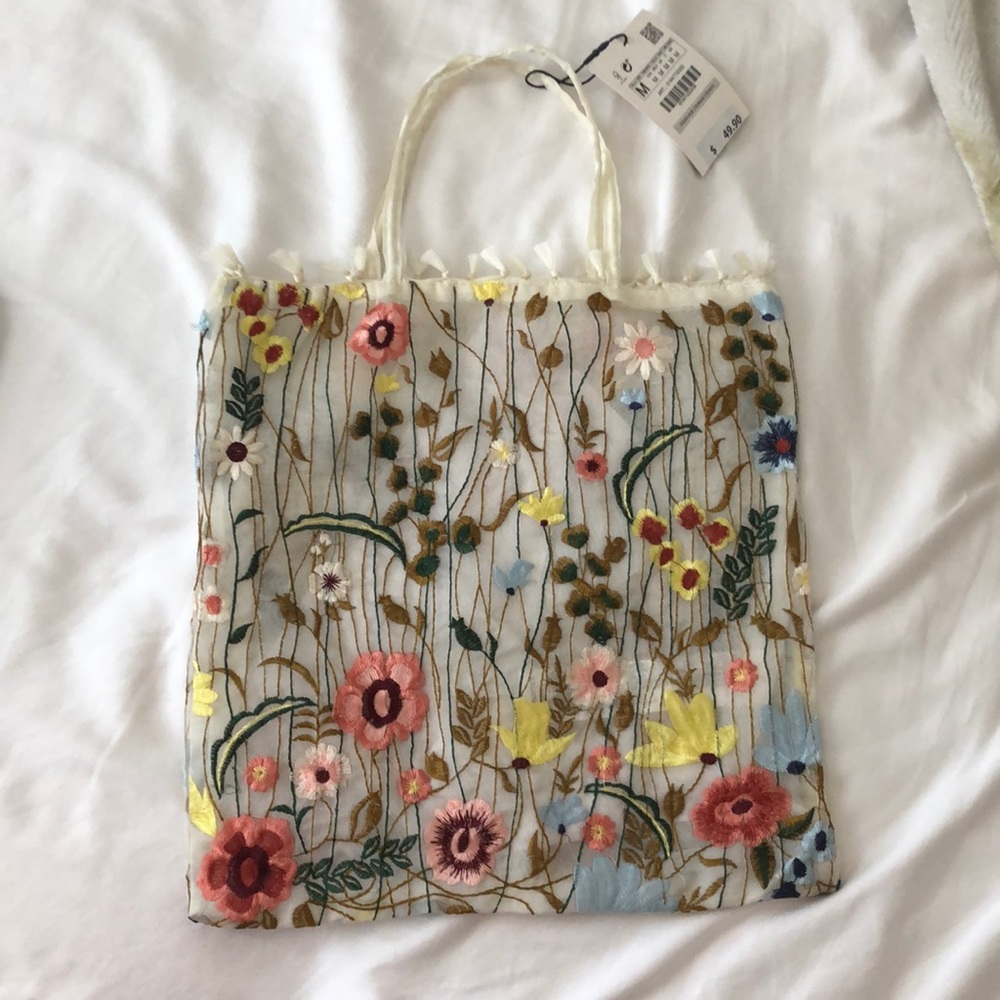 ZARA EMBROIDERED FLOWER TULLE HANDBAG NEW WITH TAG